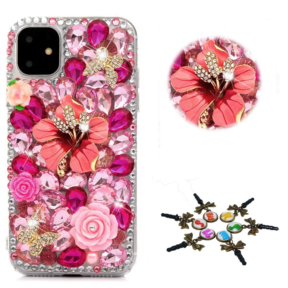 STENES Sparkle Phone Case Compatible with Samsung Galaxy S22 Ultra Case - Stylish - 3D Handmade Bling Pretty Flower Rose Butterfly Rhinestone Crystal