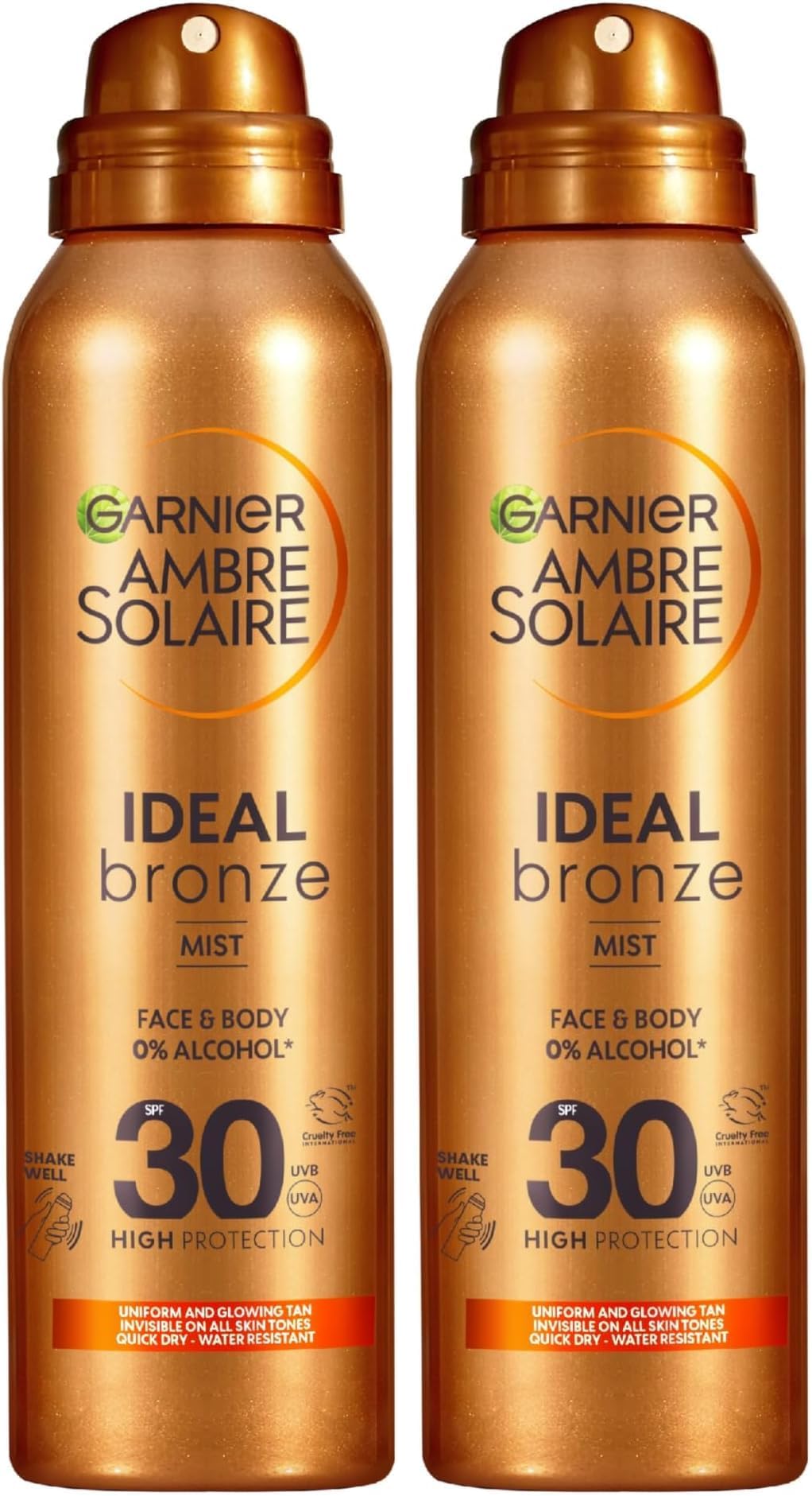 Ambre Solaire Ideal Bronze Tanning Mist, For Face & Body, Invisible on All Skin Tones, Quick Dry - Water Resistant, 0% Alcohol, High UV Protection SPF30 (150ml) (Pack of 2)