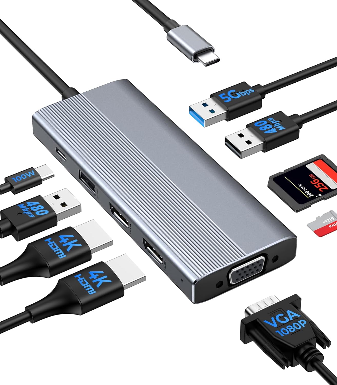 GIISSMO USB C Docking Station 3 Monitors HDMI Adapter for Dell HP Lenovo, 9 in 1 Laptop Docking Station 3 Monitors USB C Hub with 2 HDMI 4K Ports + VGA + 100W PD Charging + 3 USB + SD/TF Card Reader