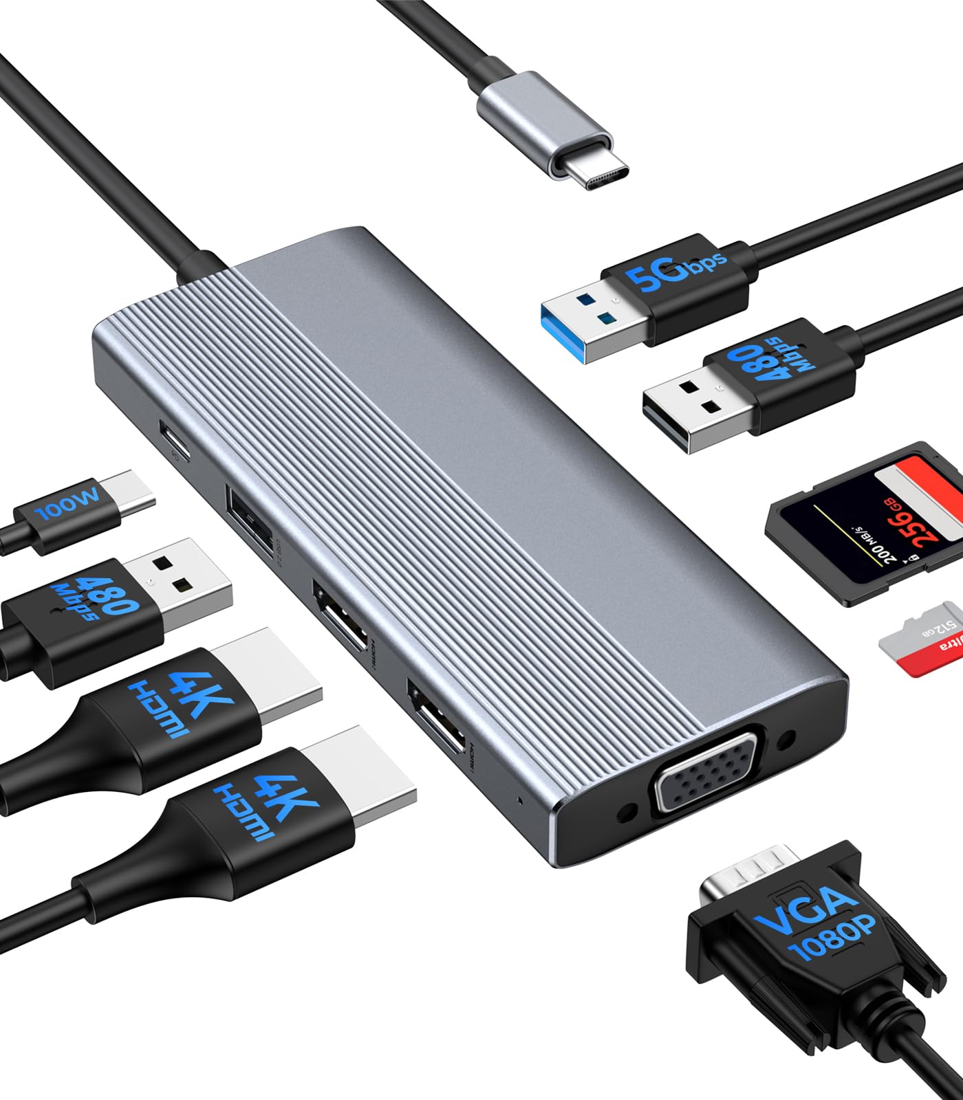 GIISSMO USB C Docking Station 3 Monitors HDMI Adapter for Dell HP Lenovo, 9 in 1 Laptop Docking Station 3 Monitors USB C Hub with 2 HDMI 4K Ports +