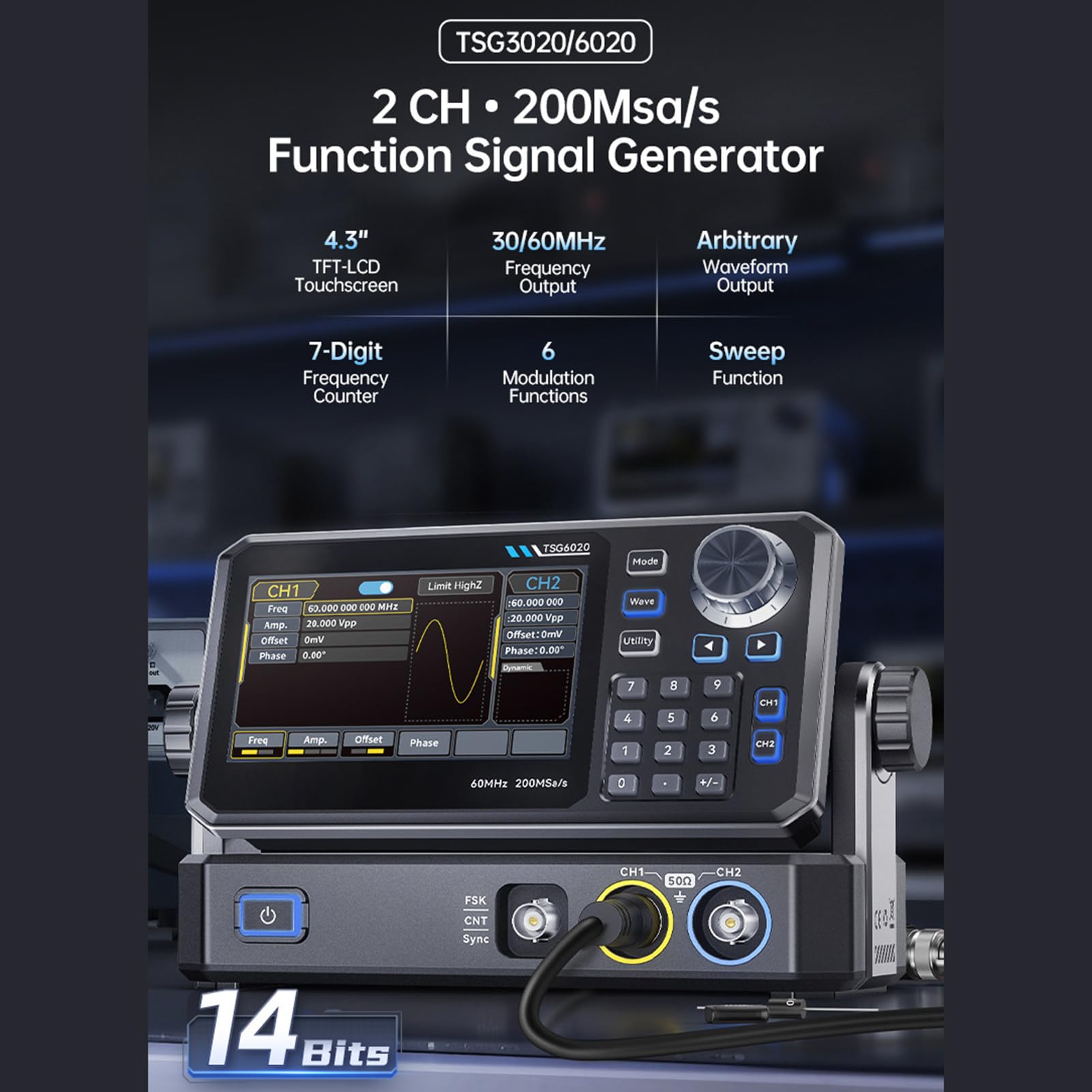 Akozon Generator Sygnału Funkcja Podwójnego Kanału 60 MHz Generator Przebiegów Arbitralnych AM FM Modulacja PM dla Profesjonalistów Testujących 4,3-calowy (Wyjście sygnału 60M Wtyczka UE 220-240 V)