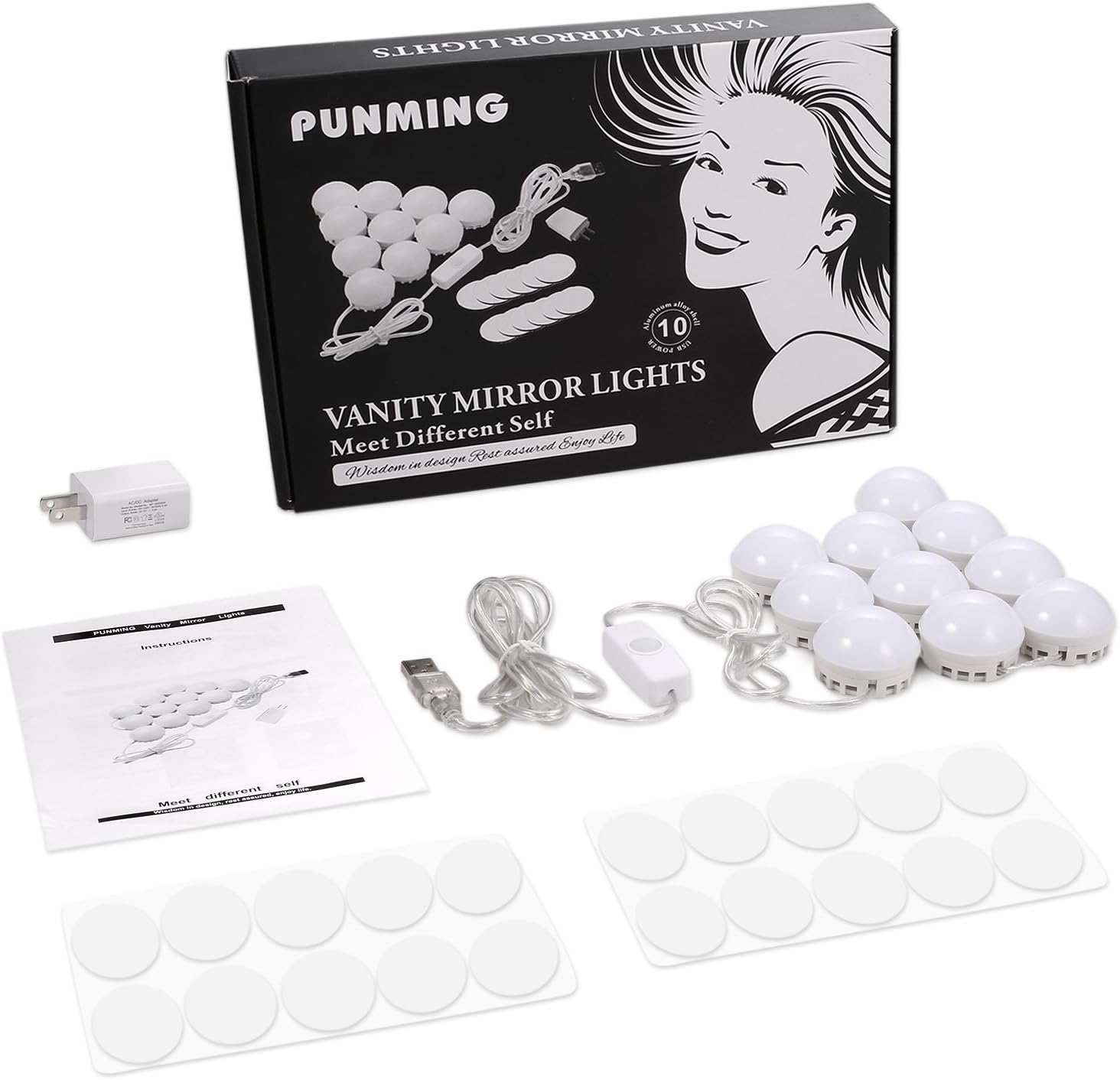Punming LED Vanity Mirror Lights Kit,2018 New Version Hollywood Style Mirror Light with Dimmable 5 Levels Brightness Adjustable for Makeup Dressing Table with USB Power Adapter(Mirror not Included)