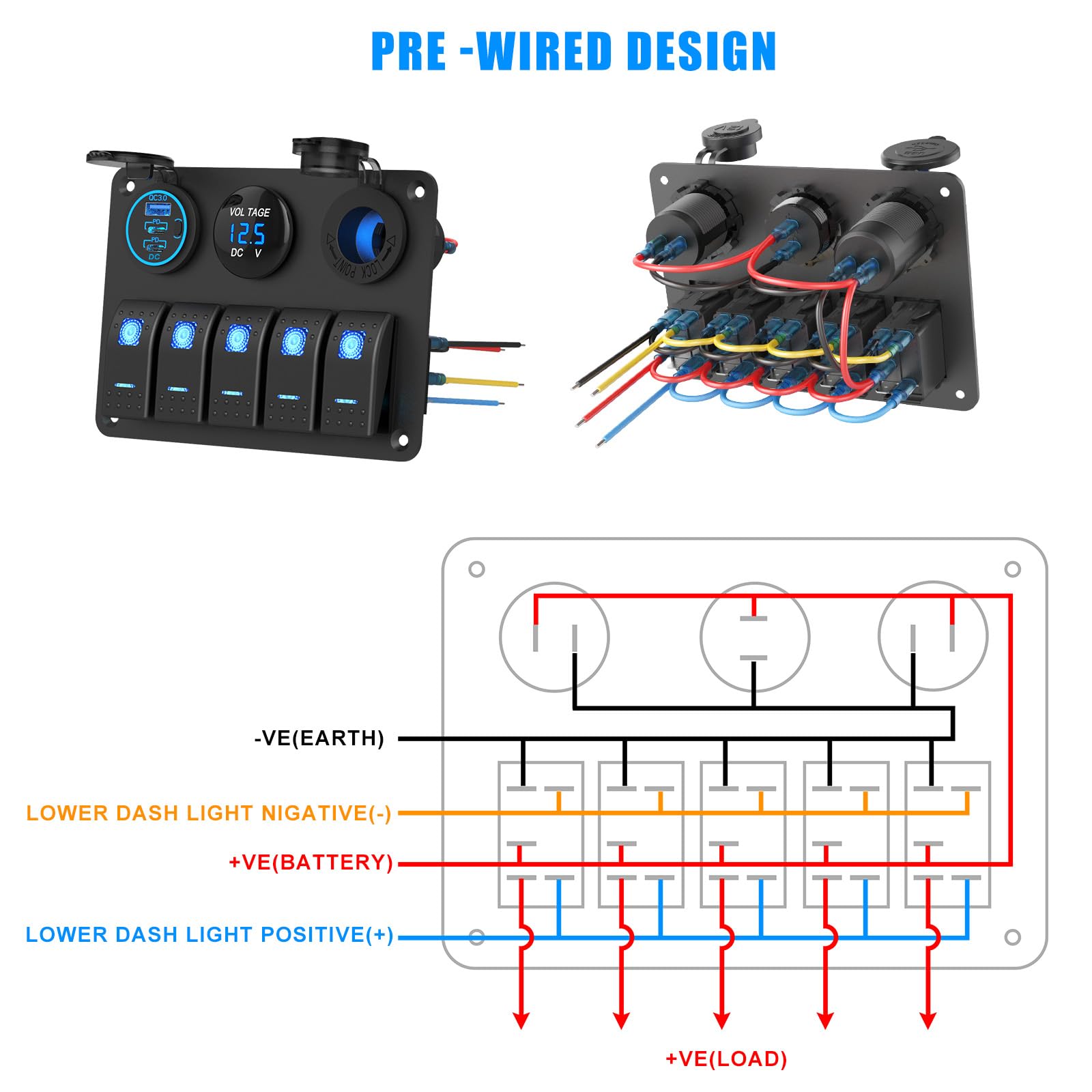 Wodoodporny panel przełączników 5-gniazdowy aluminiowy przełącznik kołyskowy 12V 66W 3-portowe USB gniazdo zapalniczki 150W