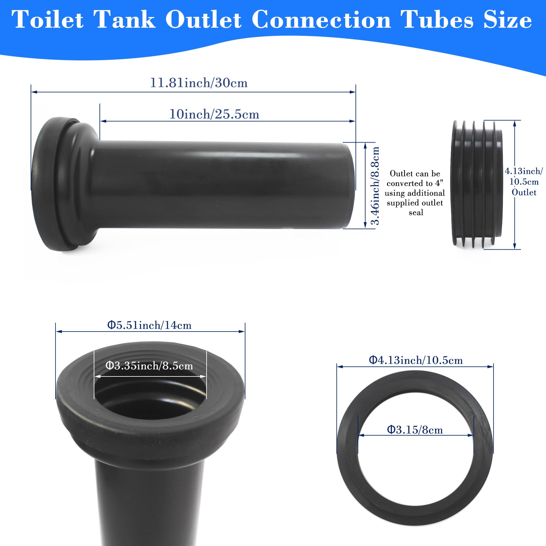Universelles WC-Spülrohr, Einlass- und Auslassverbinder-Set, verlängerter Toilettentank, gerade Verbindungsrohre mit Gummikegel-Dichtung für wandhängendes WC-Installationssystem