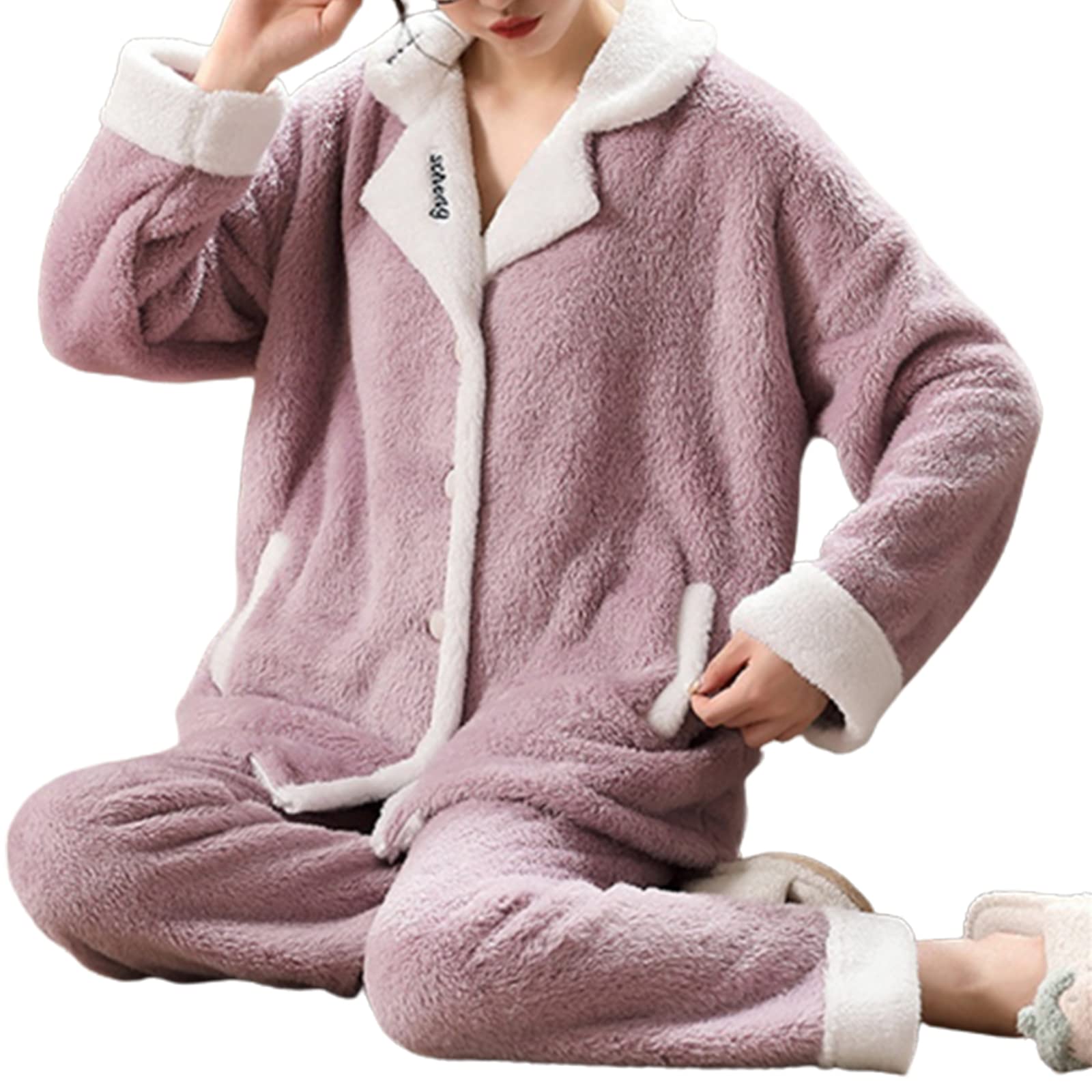 Herbst Winter Frauen Pyjama Set, Flanell Fleece, Warm, Langärmelig, Heimanzug, Nachtwäsche, Verdicken, Weiche Loungewear