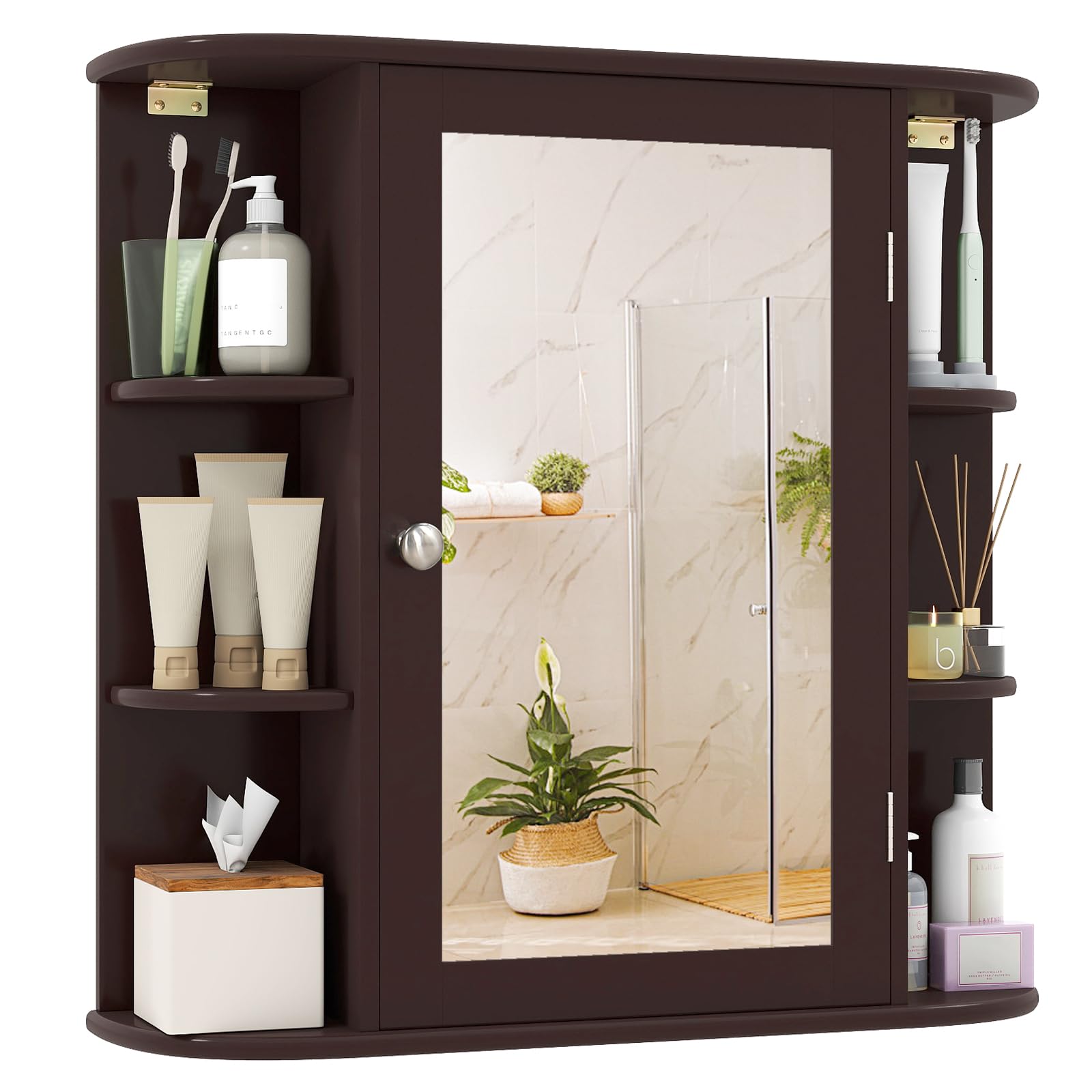 Tangkula Bathroom Medicine Cabinet with Mirror, Modern Wall Mounted Space-Saving Storage Organizer with Mirrored Door, 4 Internal Shelves & 6 Open Side Shelves, Bathroom Wall Cabinet (Coffee)