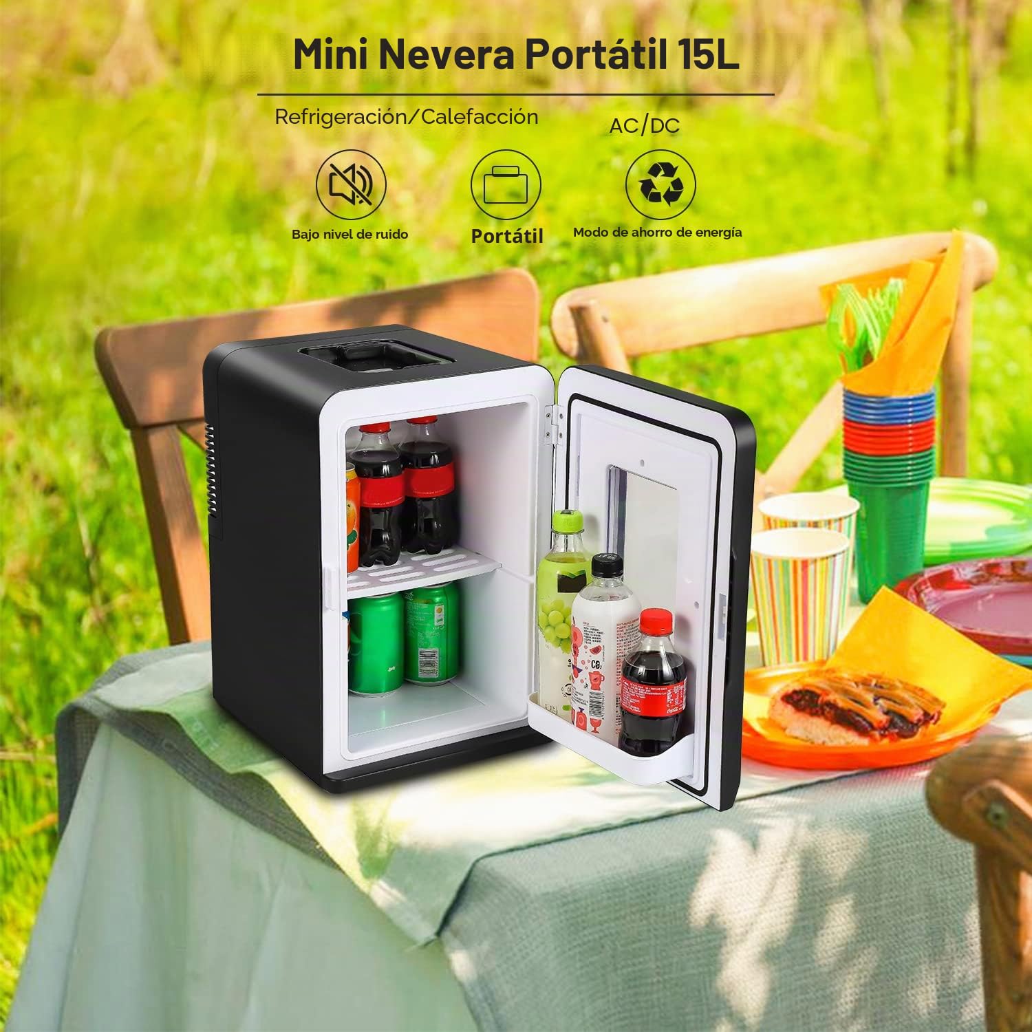 Herrselsam Mininevera 2 en 1, 15 litros, nevera portátil de 220 V AC/12 V CC, minibar pequeño con función de refrigeración y calefacción, nevera pequeña para bebidas, oficina, camping, negro