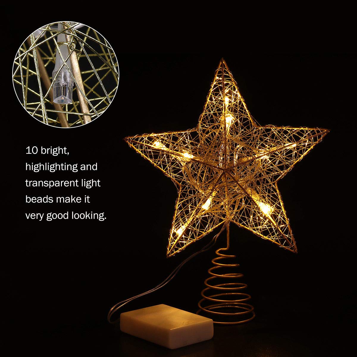 Estrella de Cinco Puntas Árbol de Navidad LED Topper Metal Oro