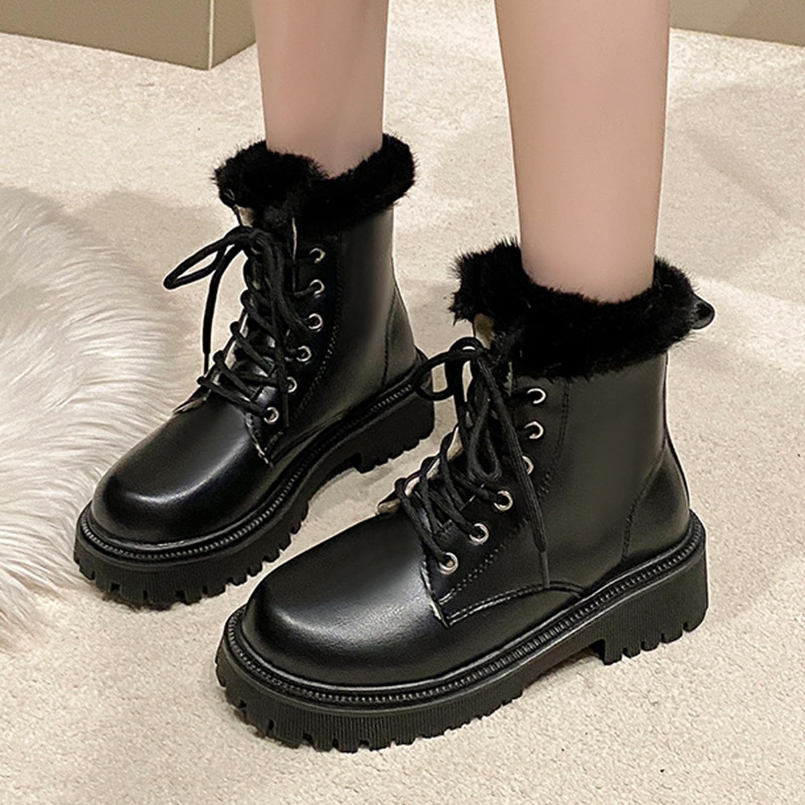 Botas de invierno para mujer, de piel, con cordones, forradas, botas de