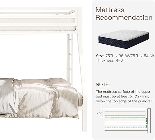 Miniatura 5 de ikalido Metal Loft Bunk Bed Twin Over Full Size with Safety Guardrail and Ladder, No Box Spring Needed Space Saving Bedroom Furniture, Cream White