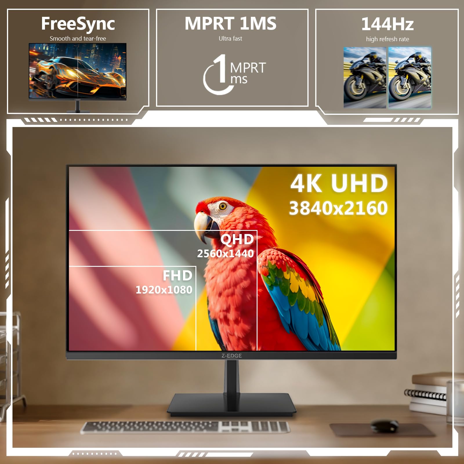 Z-Edge Monitor Gaming 4K da 28 pollici UHD 3840 x 2160 144 Hz, Schermo da Gioco IPS da 1 ms MPRT, 300 cd/m², FreeSync, HDR10, DP e HDMI, VESA Compatibile, Nero