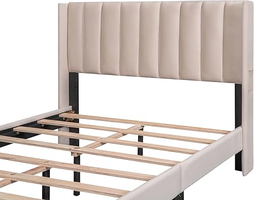 Miniatura 52 de Cama de plataforma de tamaño Queen con cajones para dormitorio, marco de cama tapizado de terciopelo para niños, niñas, adolescentes y adultos, no