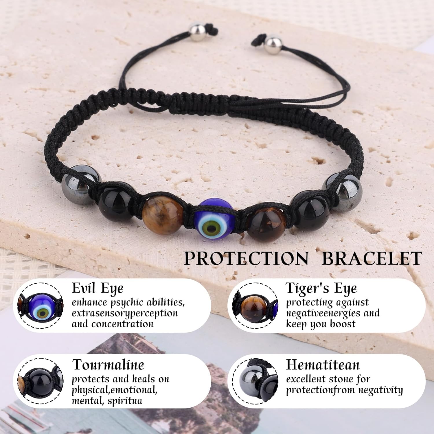 Evil Eye Bracelet, Adjustable Evil Eye Bracelet Ornament Good Luck Fashion Protection Black Tourmaline Stone Beaded Jewelry for Friends Men Women Birthday Trendy Gift - Image 4