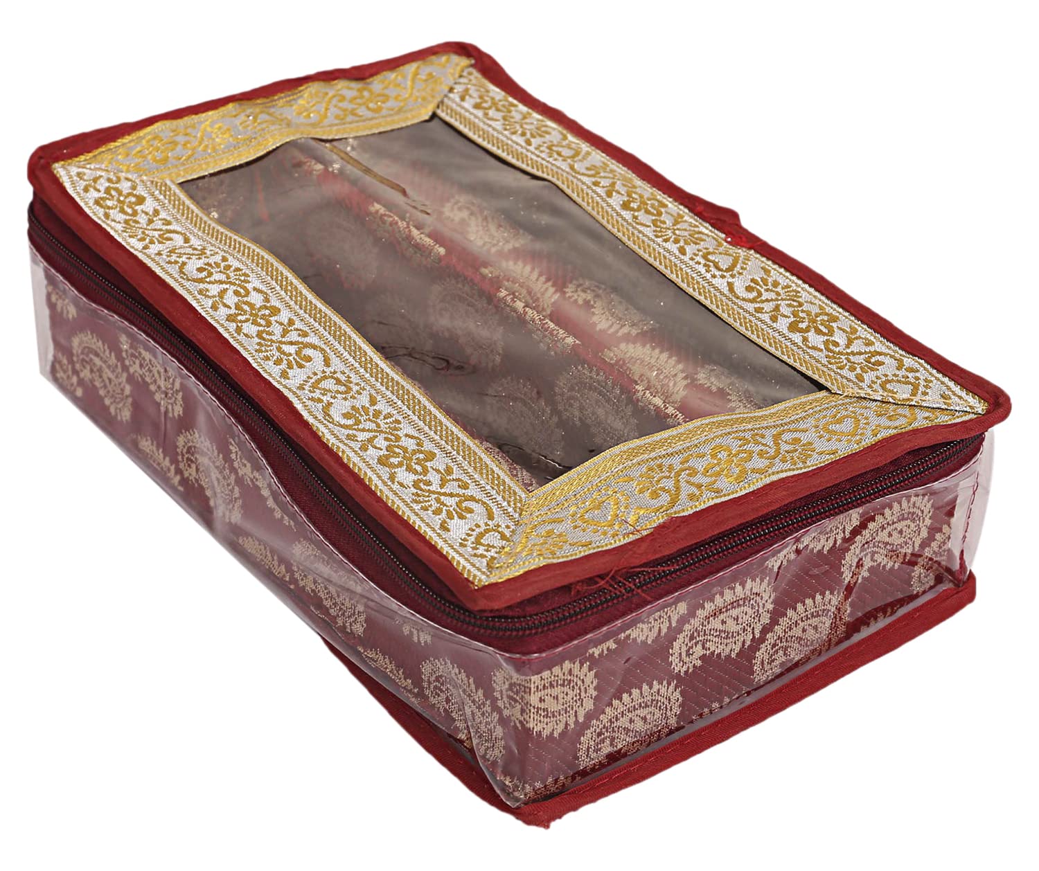 Kuber Industries Multipurpose Leaf Design Laminated 2 Rod Bangle Box/Organizer/Case With Tranasparent Top (Maroon)-47KM0269