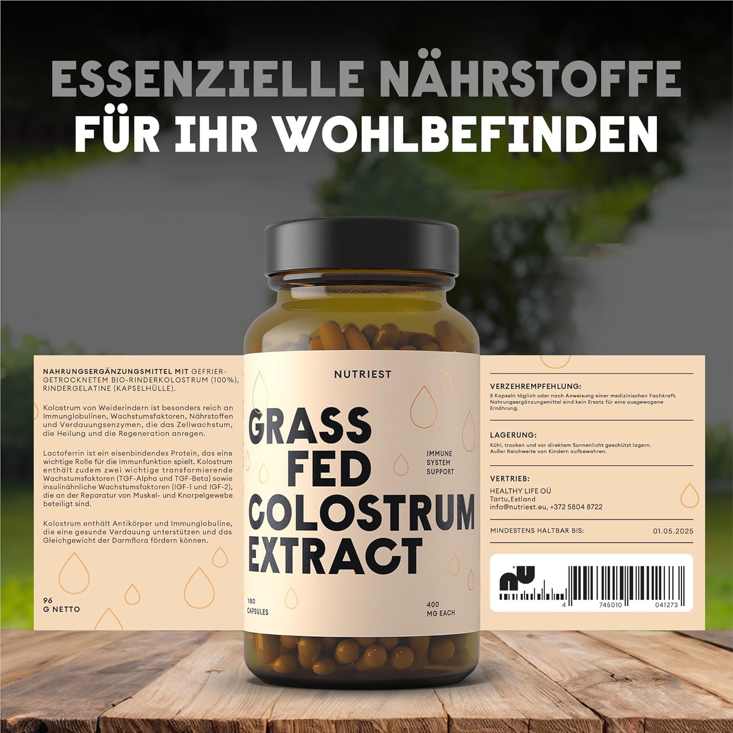 Nutriest Colostrum Kapseln (180 Stück) – Europäische Weidehaltung | 100% Grasfütterung | Für Darmgesundheit & Immunsystem | Enthält 30% aktives IgG