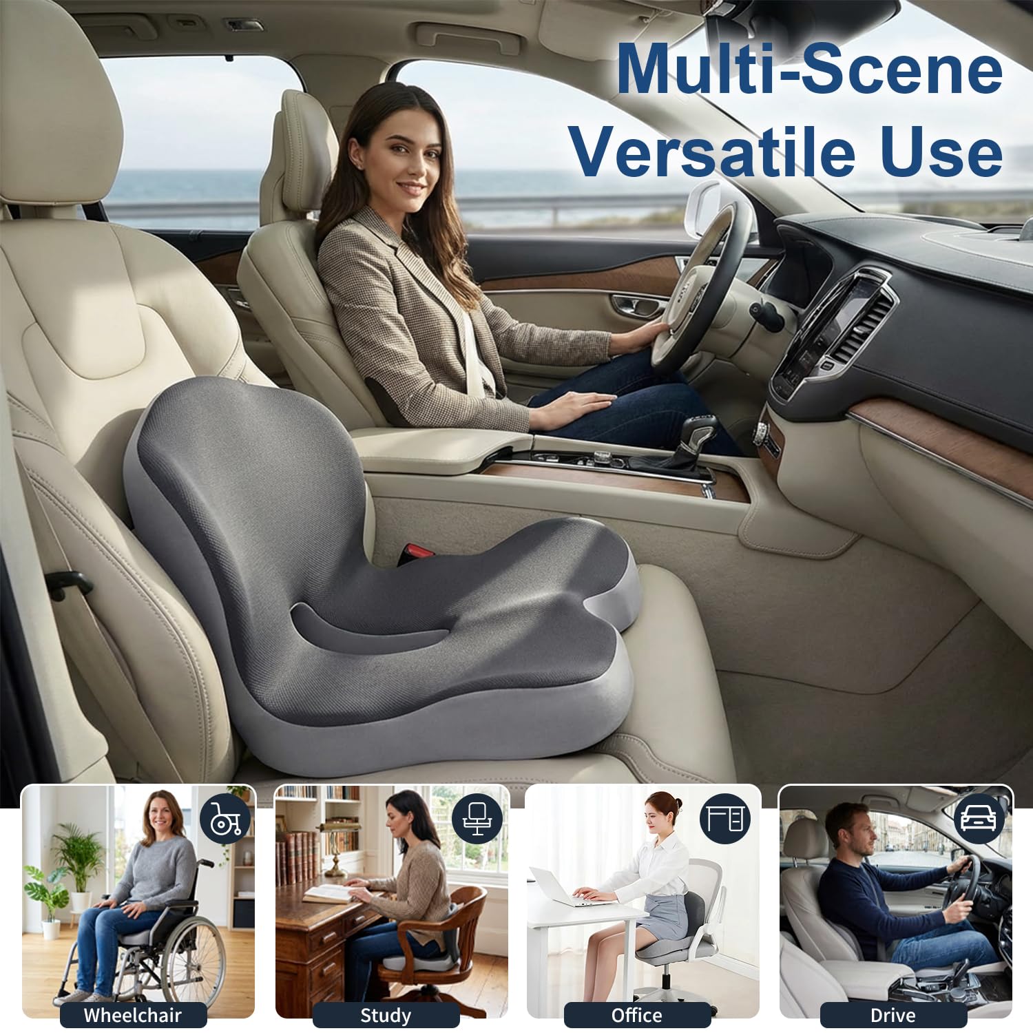 Gresonic Cojín ergonómico de espuma viscoelástica, para oficina, coche, sillas de juegos y comedor, ciática, coxis y coxis, soporte lumbar y lumbar (A, talla única)