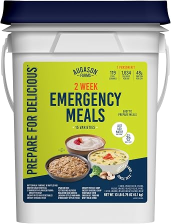 Augason Farms 2 Week Emergency Food Supply Kit   1 Person Survival Meal Kit   Dehydrated Meals with Long Shelf Life   Just Add Water   Ideal for Prepping, Camping, Emergency Use   119 Servings