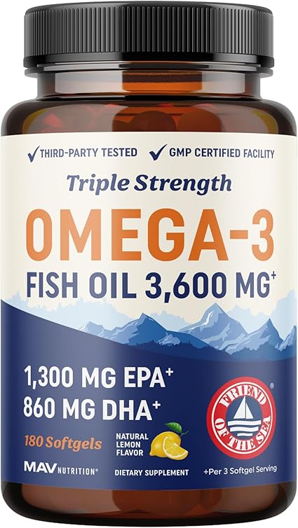 Triple Strength Omega 3 Fish Oil 3600 mg | EPA & DHA | Over 2100mg Omega-3 Fatty Acids | 1300mg EPA + 860mg DHA | Best Essential Fatty Acids | Premium Wild Caught & Burpless Fish Oil | 180 Ct