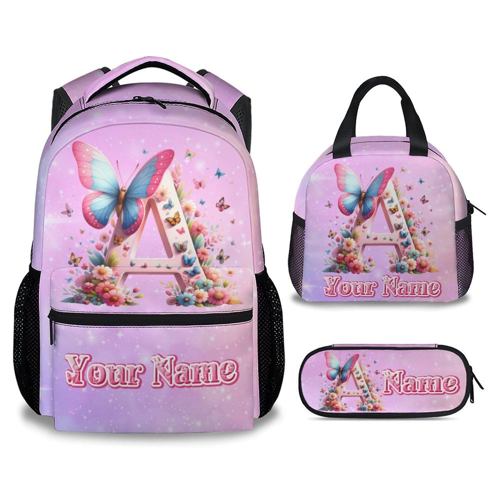 Backpack with Lunch Box for Girls, Personalized Butterfly Backpacks for Women Teens, 17 Inch Cute Kids Bookbag with Pencil Case, Custom Initial Name
