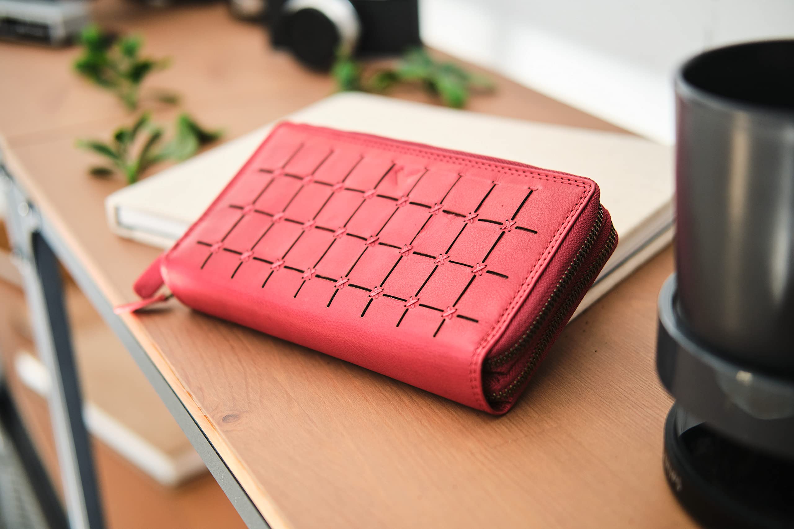 Grand Portefeuille Femme en Cuir – Porte Cartes Grande Capacité avec RFID – Porte Monnaie Élégant Fait Main – Idée Cadeau Originale - Deux Fermetures éclair, Carré - Rouge
