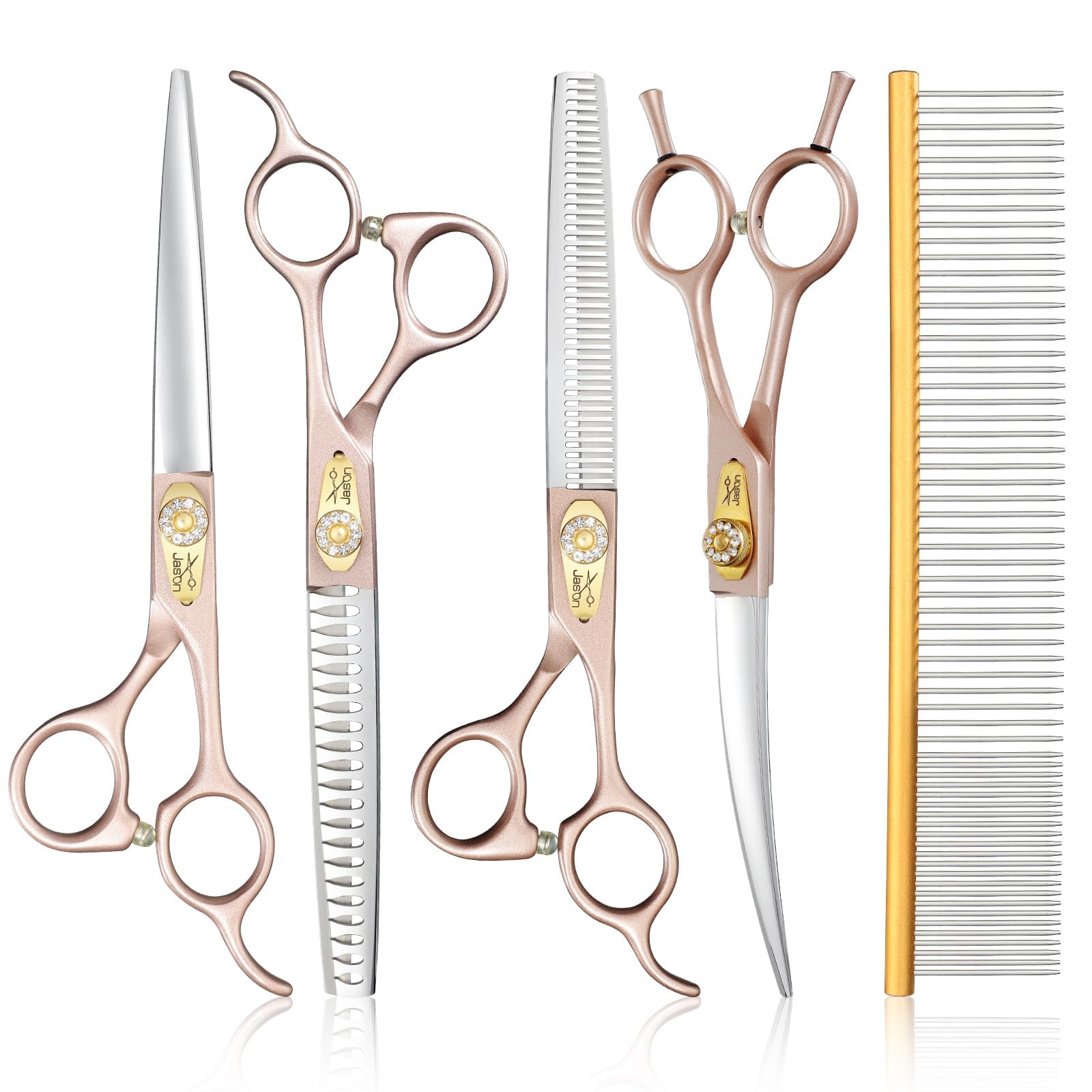 JASON Set di forbici professionali 6 in 1 per la toletta del cane, affilate e resistenti, 17,8 cm, sfoltitori, tronconi, dritte e curve e pettinino per cani, gatti, animali domestici, oro rosa