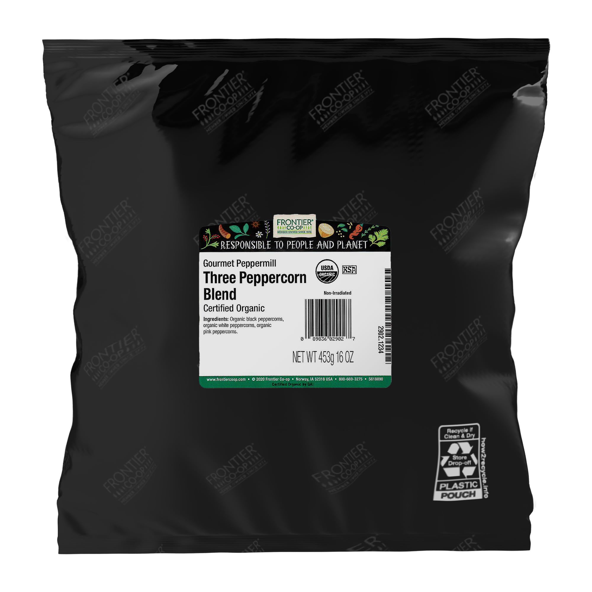 Frontier Co-op Organic 3-Pepper Peppermill Blend, 1lb Bulk Bag - Salt-Free Gourmet Peppercorn Mix for Restaurant Supply, Grinders, Shaker Refill