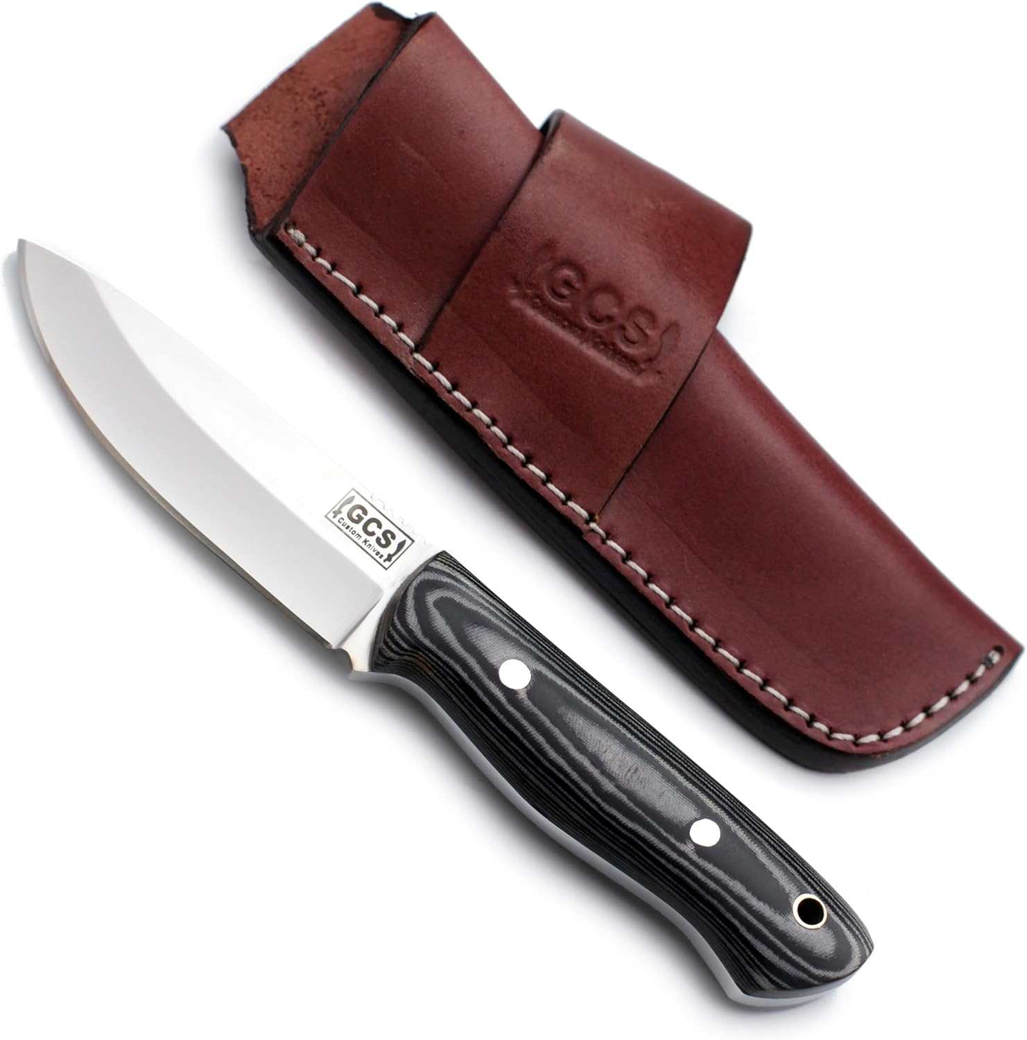 GCS Custom Handmade BLACK & WHITE G10 Handle D2 Tool Steel Tactical Survival Hunting Knife with Buffalo Hide Sheath GCS180