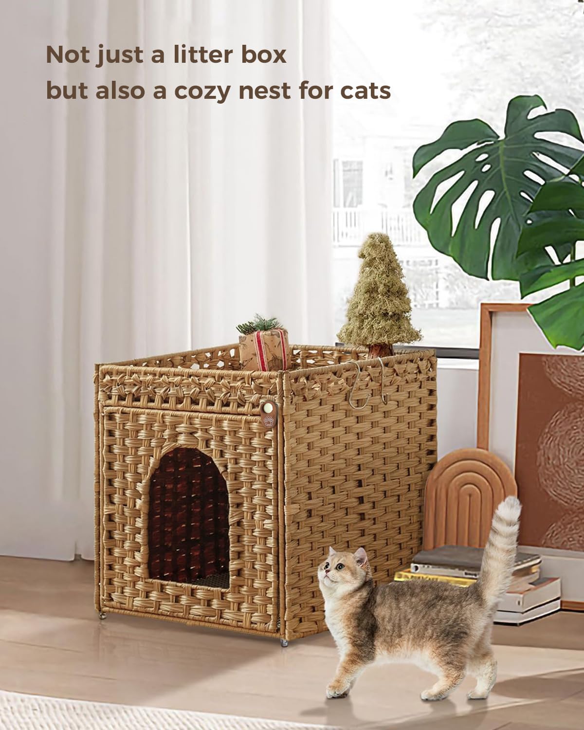 Domek dla kota Szafka dla kota na toaletę Ukryte meble na kuwetę, Ręcznie pleciony rattanowy domek dla kota z matą do kuwety, Naturalny (Naturalny, Model Podstawowy)