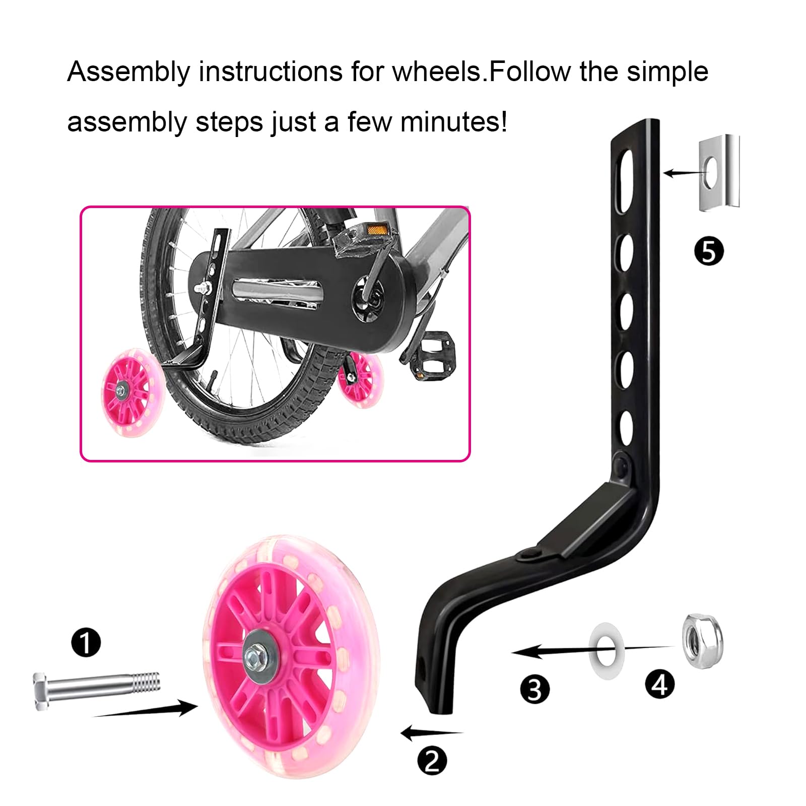 Stabilizzatori per Bicicletta per Bambini,Ruote da Allenamento per Flash Bicicletta,Ruote Laterali Bici Bambino,Rotelle Universali, Le Rotelle Regolabili Aiutano i Principianti (Rosa)