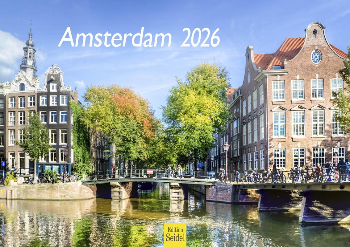 Edition Seidel Kalendarz premium Amsterdam na rok 2026, format DIN A4, kalendarz ścienny, Europa, Holandia, tulipany, kanały, mosty metropolia, panoramę
