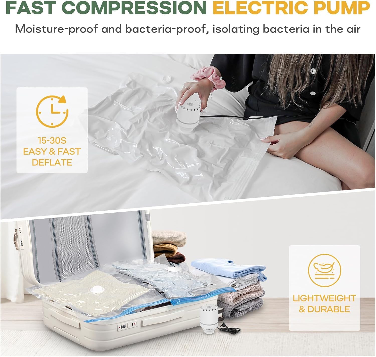 Vacbird Pompa ad aria elettrica, pompa portatile per sacchetto di immagazzinaggio sottovuoto, 30 W, pompe sottovuoto da viaggio con 4,0 kPa, potenza di aspirazione