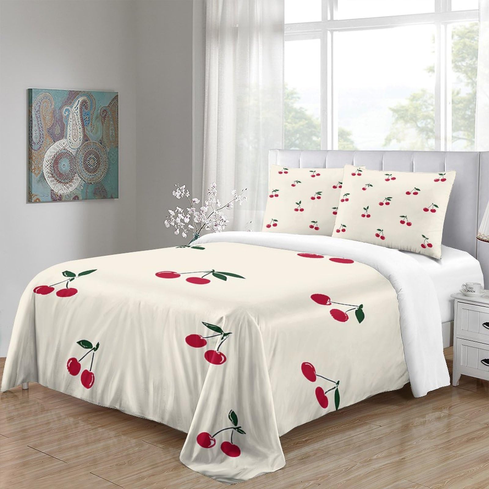 Kirschcluster 3-teiliges Reines Polyester Vintage Frucht Muster Bettbezugset, Versteckter Reißverschluss, Für Kleinkinder, Babysicher & Gifffrei, Pflegeleicht King（220x240cm）