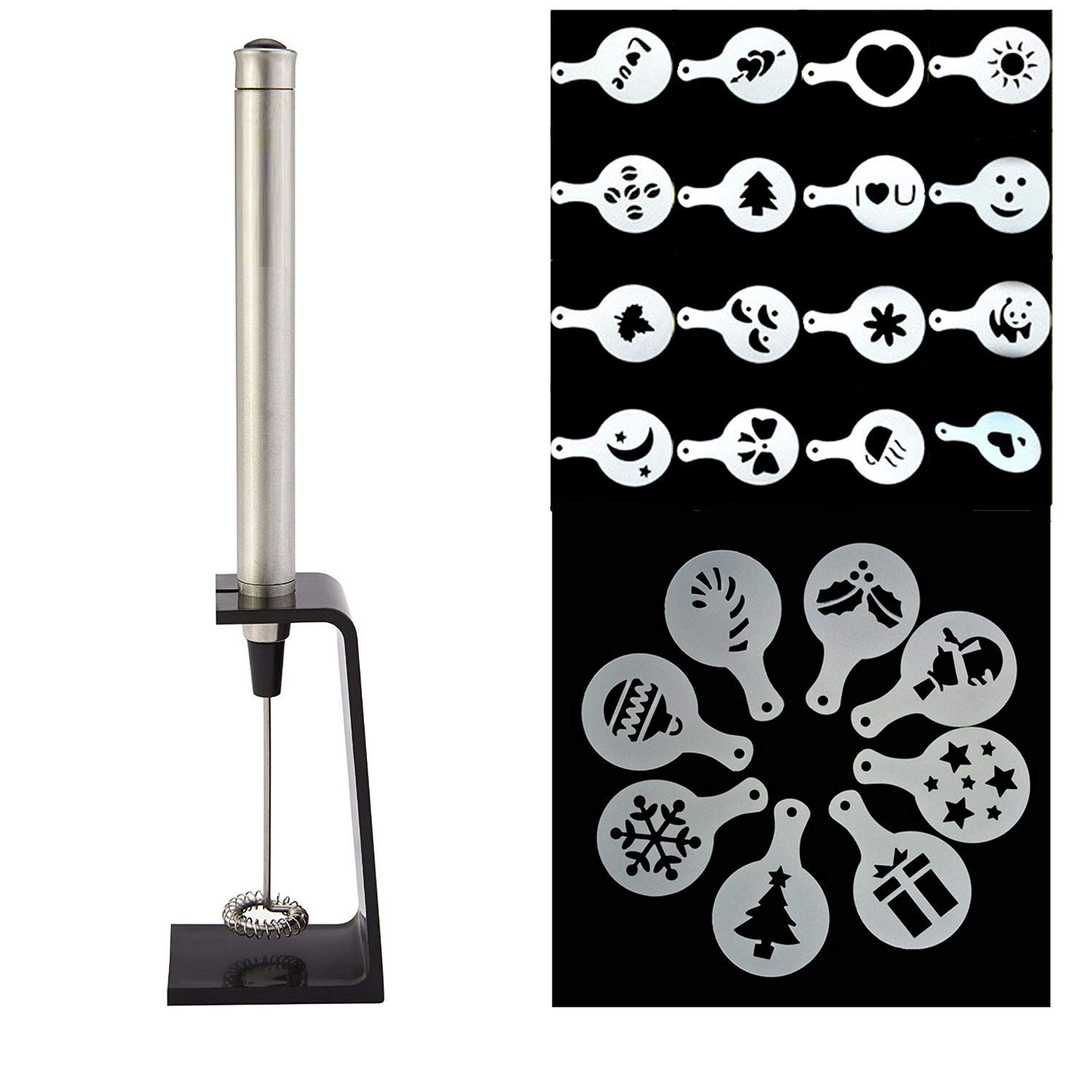 RayLineDo® Stainless Steel Electric Milk Frother Coffee Foam Maker Whisk Battery Operated With Mounting Bracket + 2 Sets Cappuccino Coffee Stencils Template Strew Flowers Pad Duster Spray Art