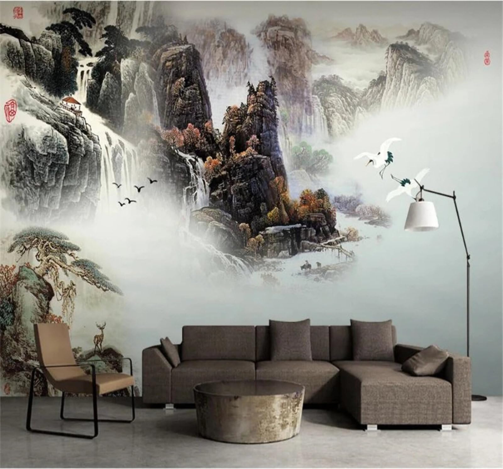 Xlming 430Cm×300Cm(B×H) Ink Wash Landscape Waterfall Birds In Flight Scenery 3D Wallpaper Luxury Home Dining Decor Paste Sofa Living Room The Wall For Bedroom Mural-430Cm×300Cm