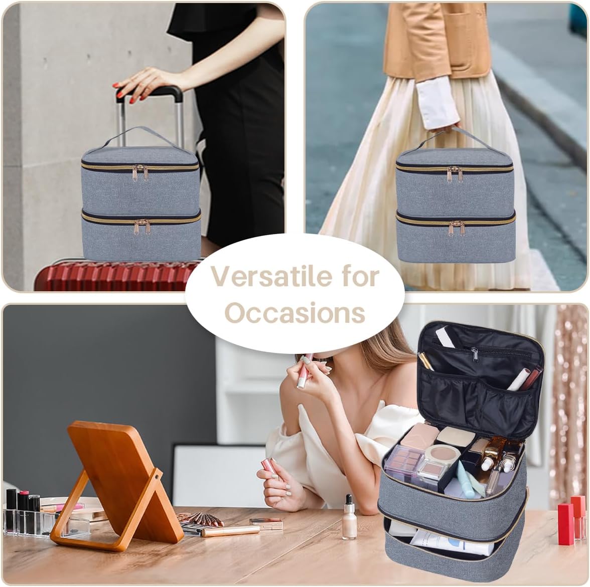 Double Layer Makeup Bag Portable Large Cosmetic Case Organizer with Adjustable Dividers Storage Travel Bag for Accessories Brushes Conditioner and Skin Care Products (Gray Gold)