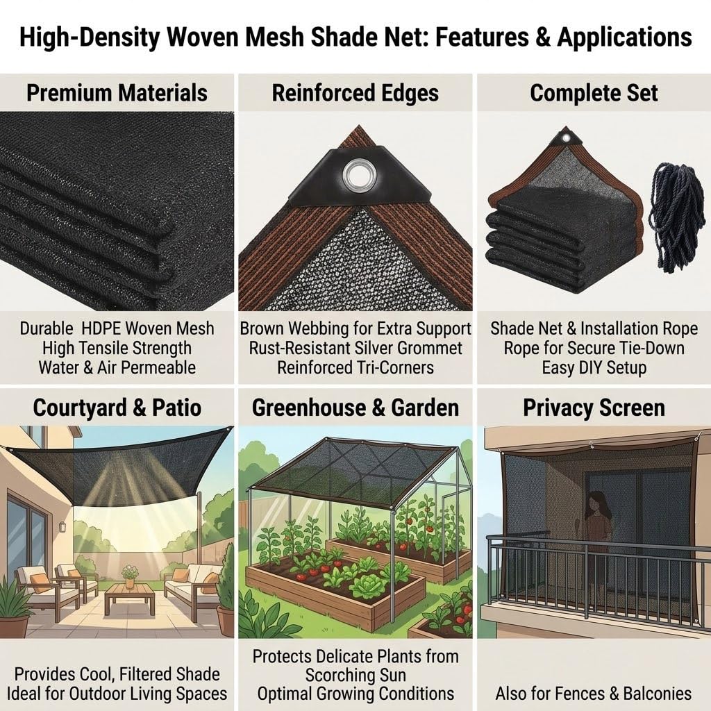 Premium-Sonnenschutz-Netzplane, 9,4 m – E-Tuch für Gewächshaus, Überdachung, Sonnenschutz, für Außenbereich, Terrasse, Garten, Pflanzenpflege (9 x 9 m)