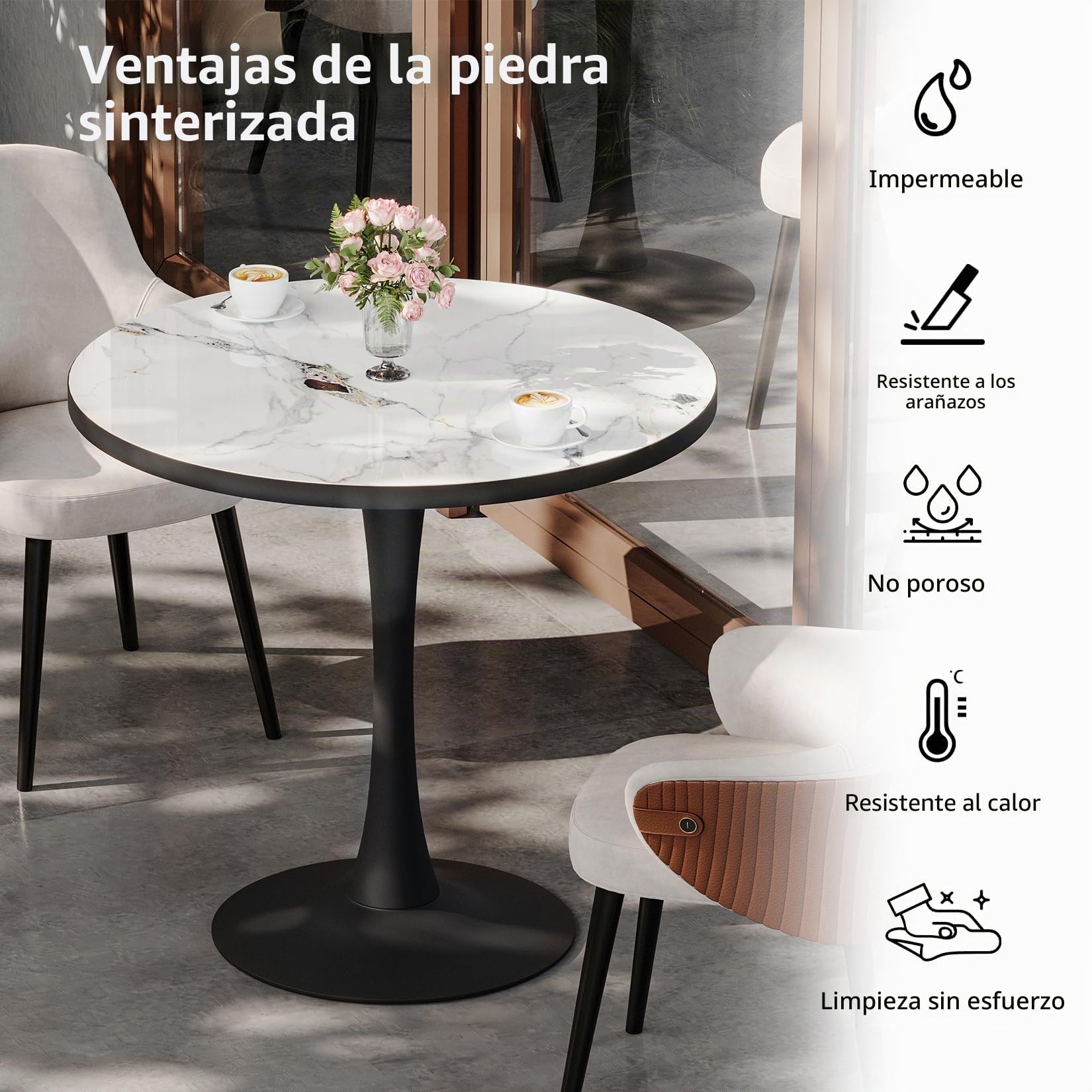 FATIVO Mesa Comedor Redonda de Mármol: Mesa de Cocina Pequeña Φ76xH78cm para 3-4 Personas, Mesas Comedor Modernas de Piedra Sinterizada, Resistente a Manchas, Arañazos y Altas Temperaturas
