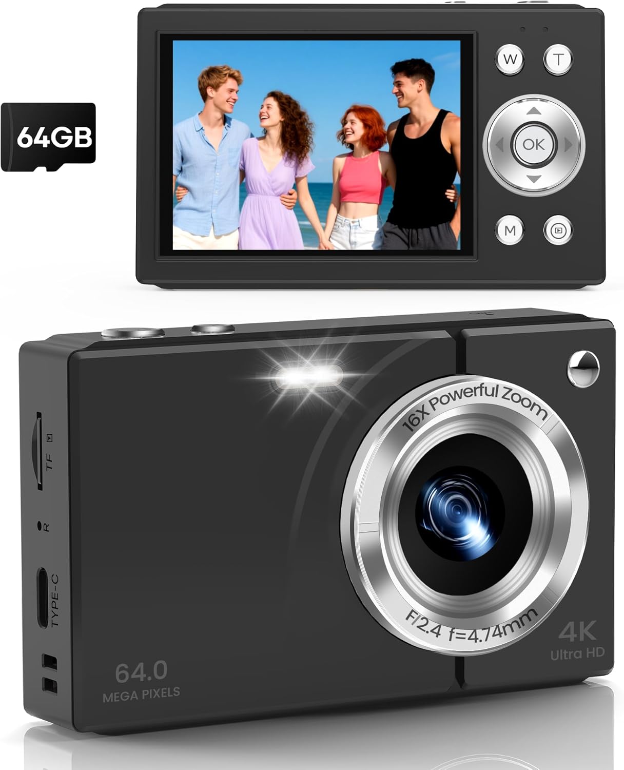Digital Camera, 4K Vlogging Camera with Autofocus, 64MP, 16X Zoom, 64GB Card Included, Built-in Battery, Small Digital Camera for Teen Adult Beginners, Ideal for Travel & YouTube – Black Digital Camera, 4K Vlogging Camera with Autofocus, 64MP, 16X Zoom, 64GB Card Included, Built-in Battery, Small Digital Camera for Teen Adult Beginners, Ideal for Travel & YouTube – Black