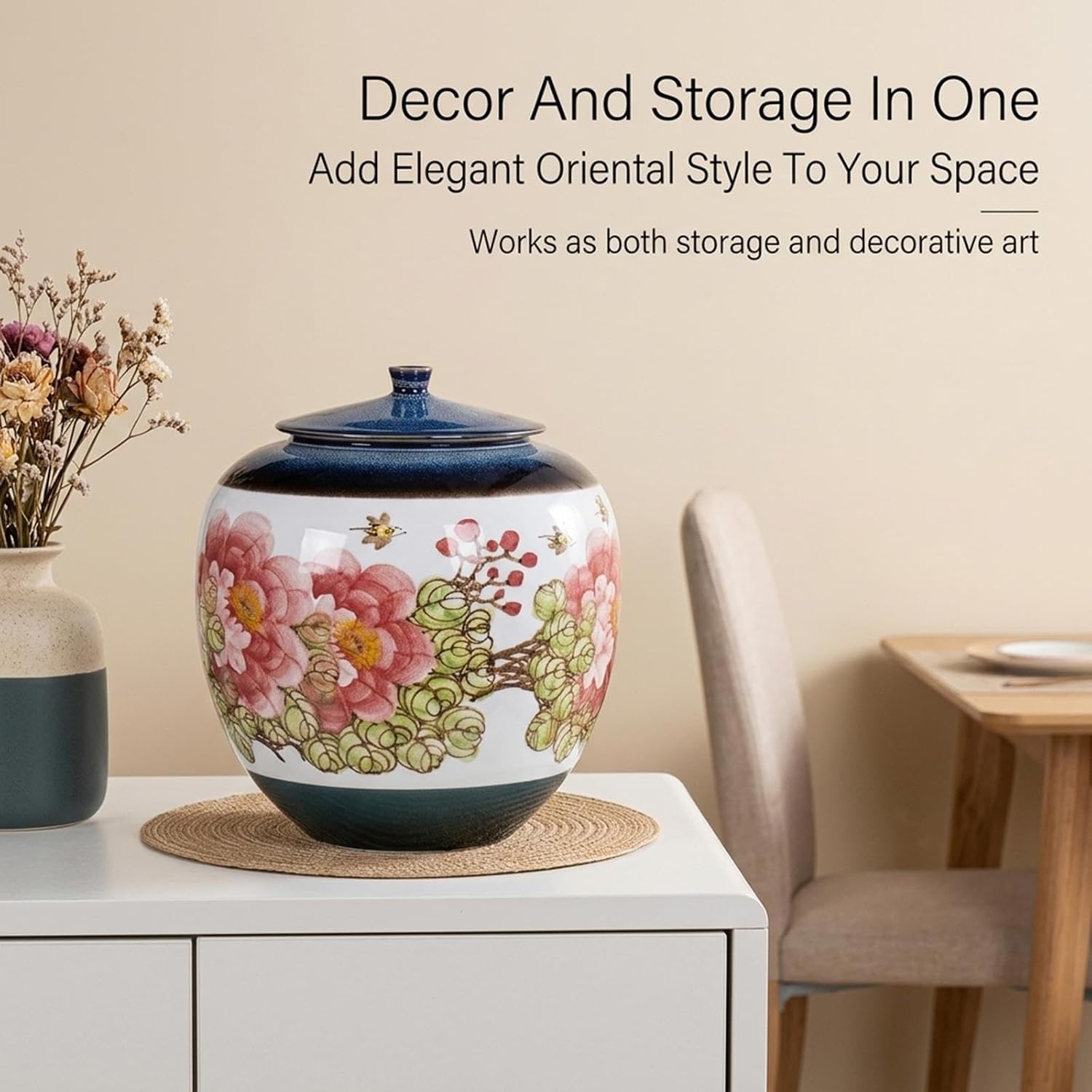 Ceramic Rice Storage Container,Chinese Flowers Large Ceramic Rice Bucket