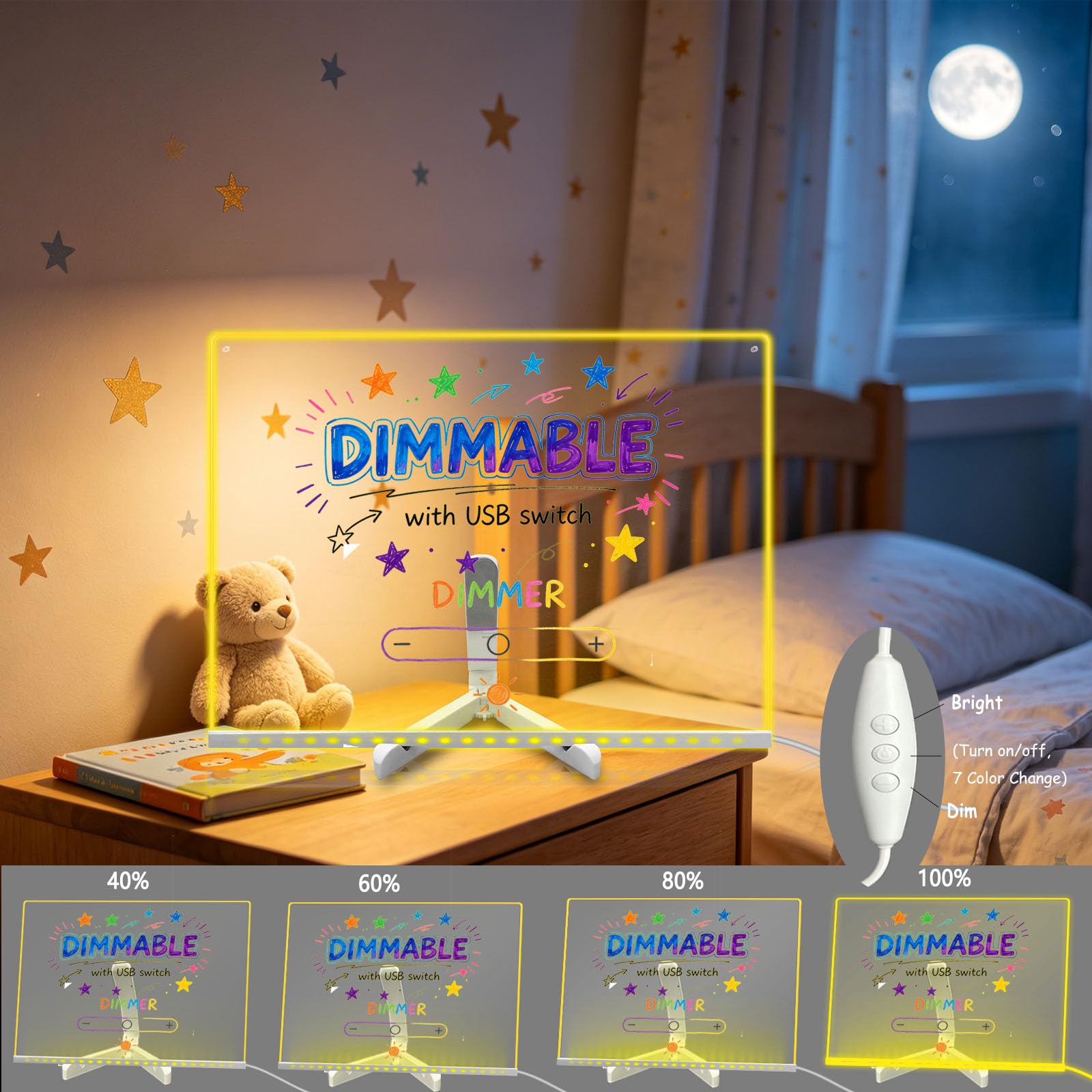 Yan-tech Tableau de Planification réutilisable avec veilleuse LED Lumineuse Transparente 15,7 x 11,81 Pouces Tableau effaçable à Sec Produits Scolaires de Bureau Télécommande de Bureau 7 Couleurs