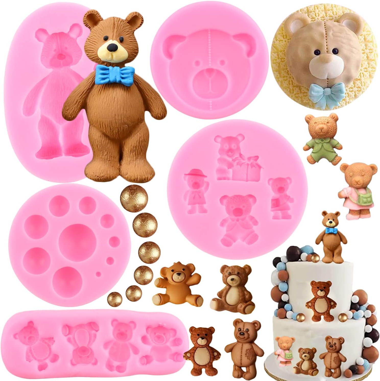 Zixiang 3D Pearl Fondant Mold Bear Silicone Fondant Mold Ball Pearl Semi Sphere Chocolate Molds For Teddy Bear Cake Decorating Cupcake Topper Candy Lollipop Polymer Clay Gum Paste Set Of 5