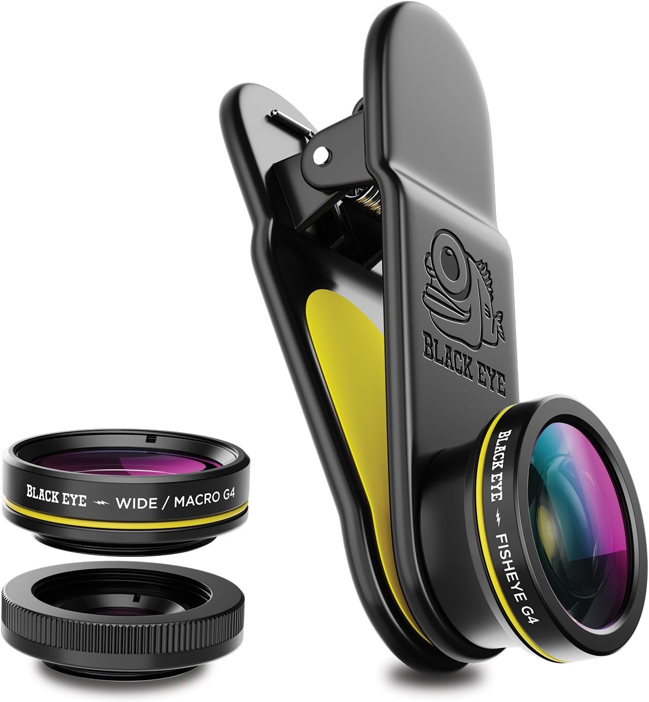 BLACK EYE 3-pack G4 with Wide angle-, Macro- and Fisheye lens, optimized for smartphones built in/after 2018 (Universal clip attachment, 155° wide-angle, 20x macro and 180° fisheye lens)