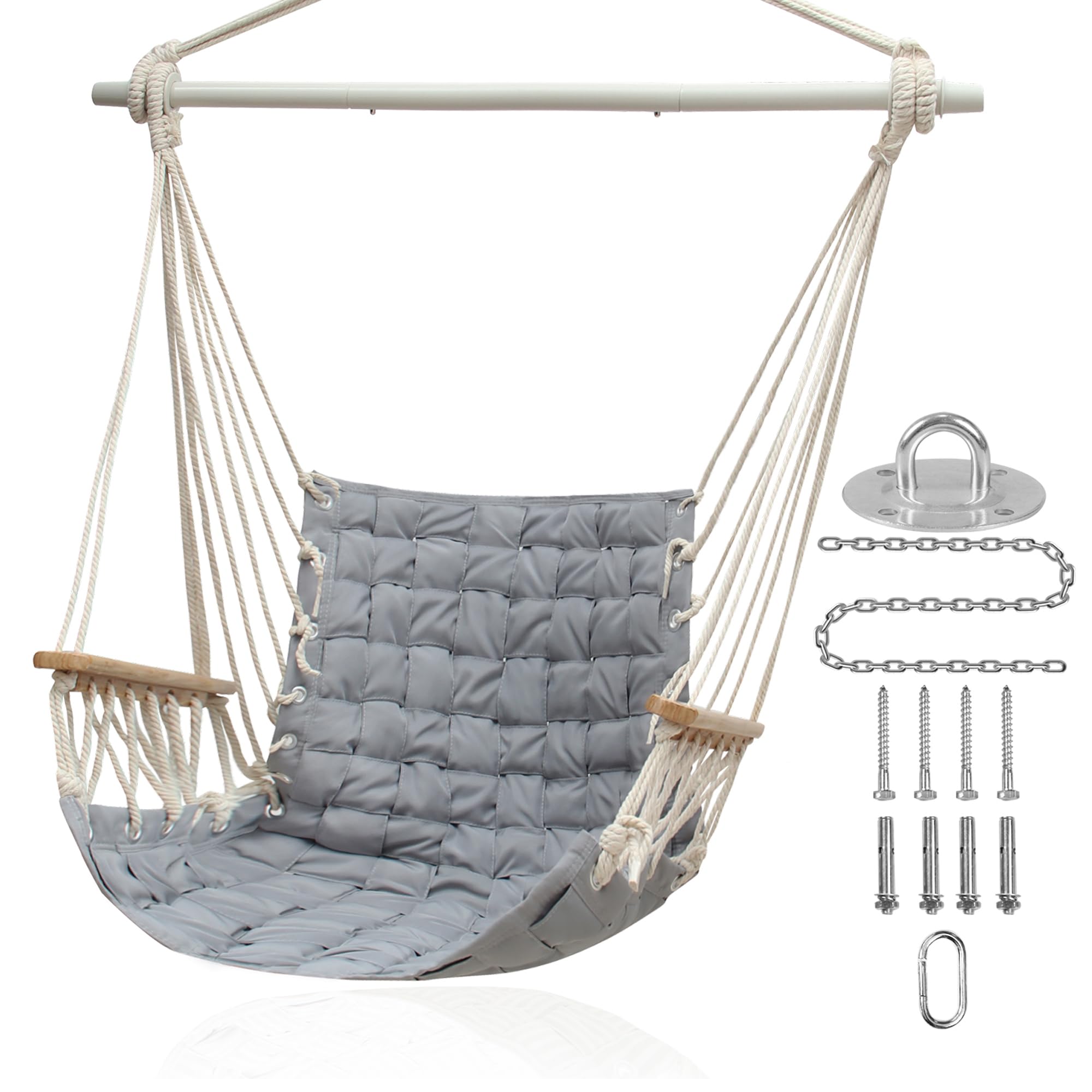 [Upgraded] Hammock Chair Hanging Swing with Wooden Armrests;Steel Spreader Bar and Anti-Slip Rings;Cotton Woven Fabric;Up to 300 Lbs for Bedroom,Patio,Porch,Deck-Indoor Light Grey
