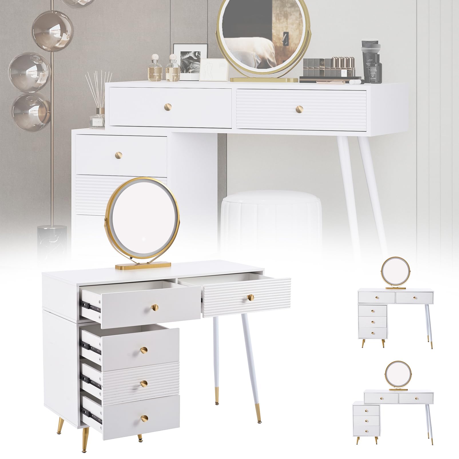 Schminktisch, Kosmetiktisch-Set mit LED-Beleuchtung und Spiegel, mit verstellbarem Seitenschrank und ausziehbarem Design. Maße:B100/H78/T40 cm(ohne Hocker)