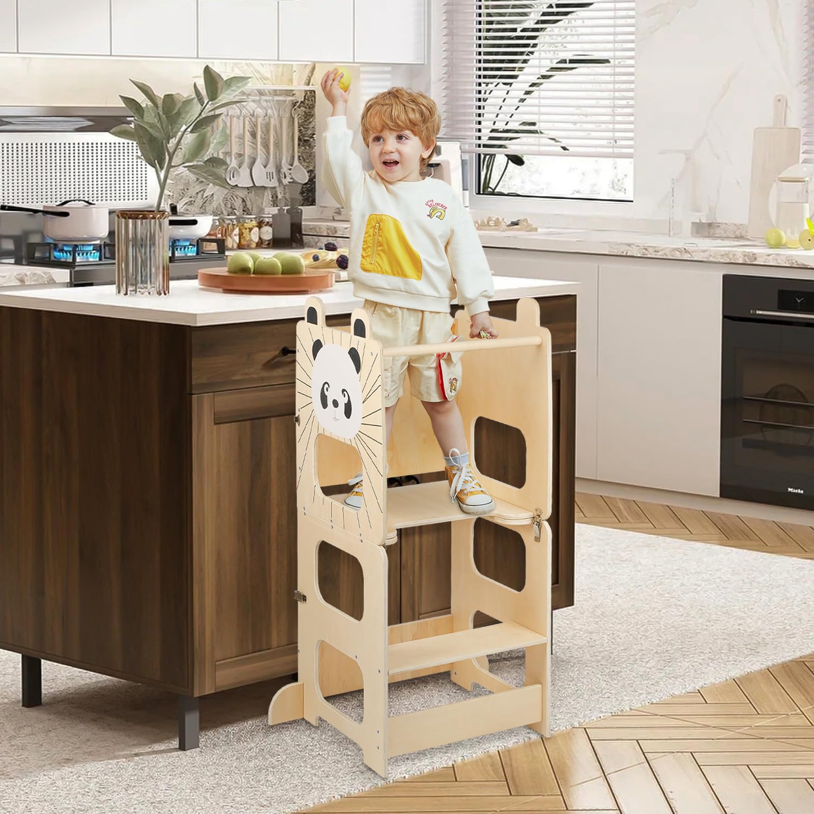 Tour Montessori en Bois 1,5-99 Ans, Tour d'apprentissage pour Enfants en Bois avec Tableau, 3-en-1 Tour d'observation Enfant, réglables en Hauteur, Pieds Anti-basculement-87*42*38.5 cm-couleur bois