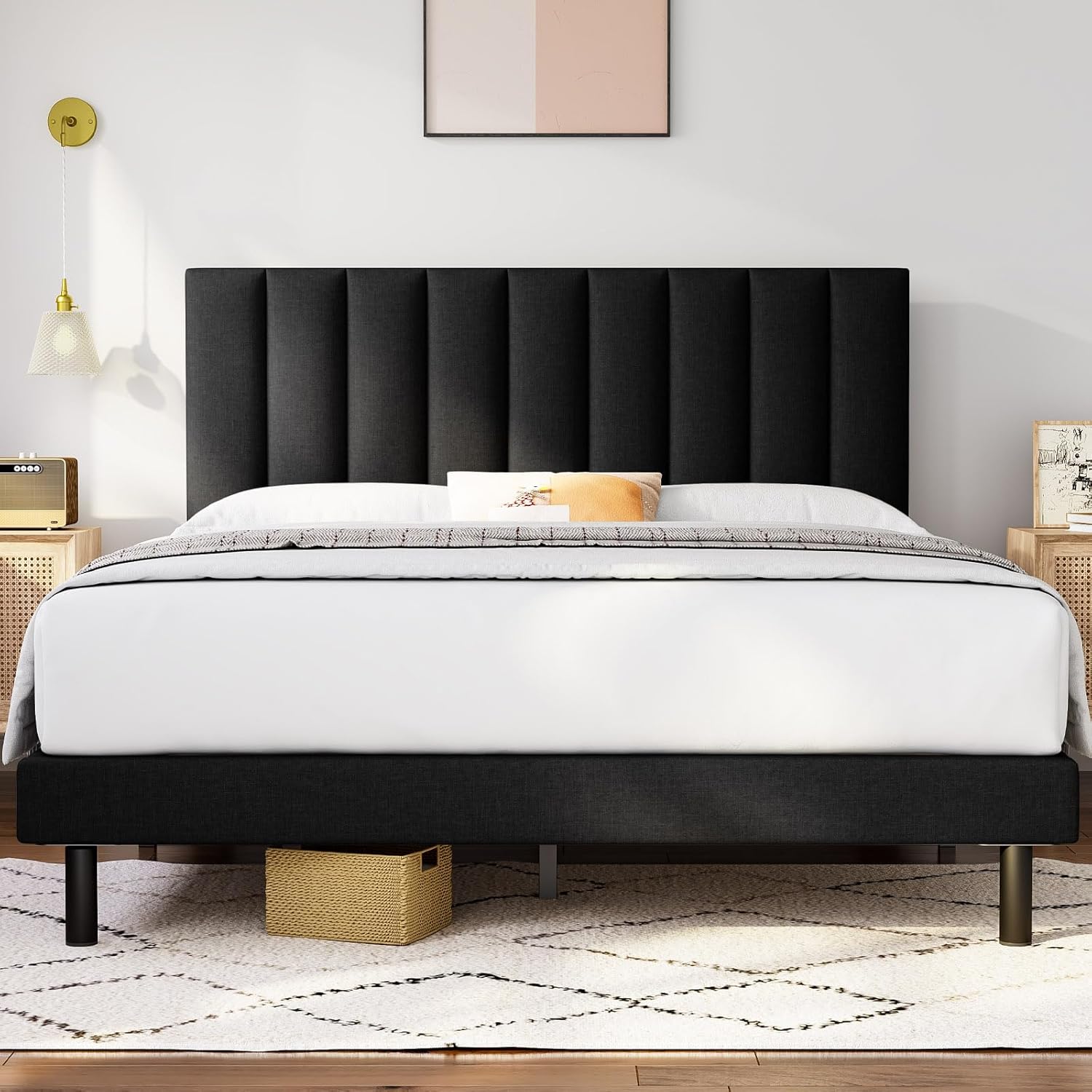 Molblly Base de cama de tamaño matrimonial con cabecera y listones de madera fuertes, base de colchón, antideslizante y sin ruido, no necesita