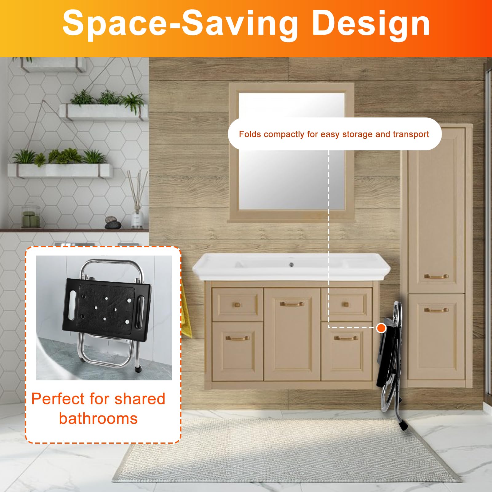 Asiento de ducha plegable, silla de ducha de acero inoxidable elegible para ducha interior, taburete de ducha portátil de 400 libras, silla de baño antideslizante de seguridad para personas mayores,