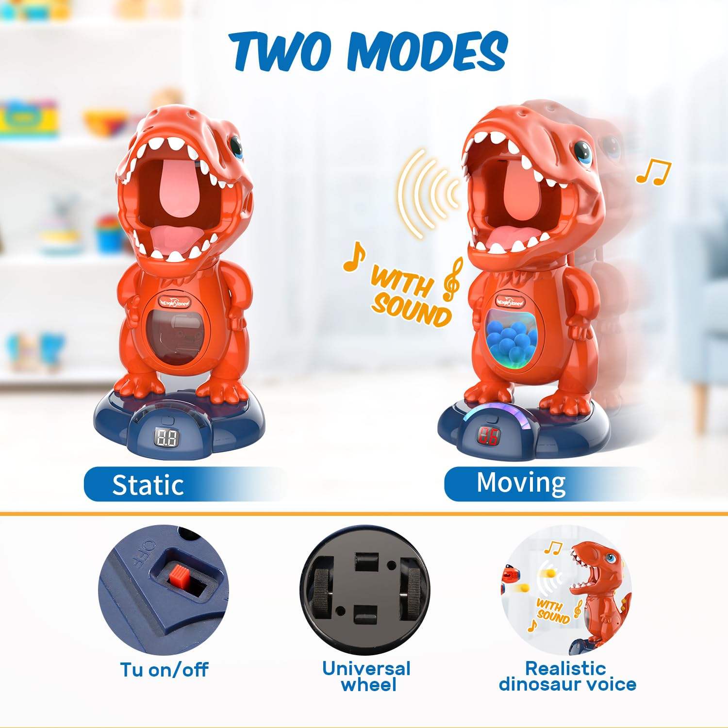 Juguete de dinosaurio móvil para disparar, 2 pistolas de bomba de aire, puntuación, pantalla LED, sonido, 48 pelotas de espuma, blanco electrónico, regalo para niños y niñas 2