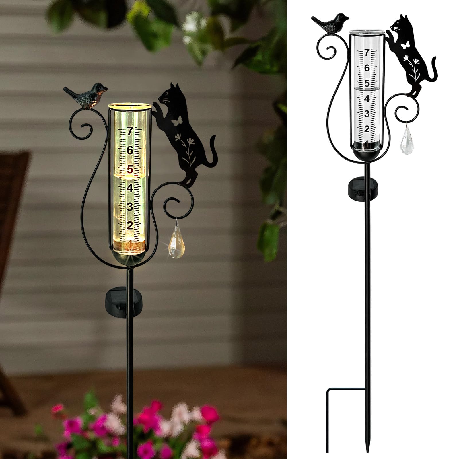 Pluviometro per esterni, decorativo in metallo nero a forma di gatto e uccello, con pluviometri, ideale per cortile, giardino, prato, sentiero, tubo di vetro da 17,8 cm