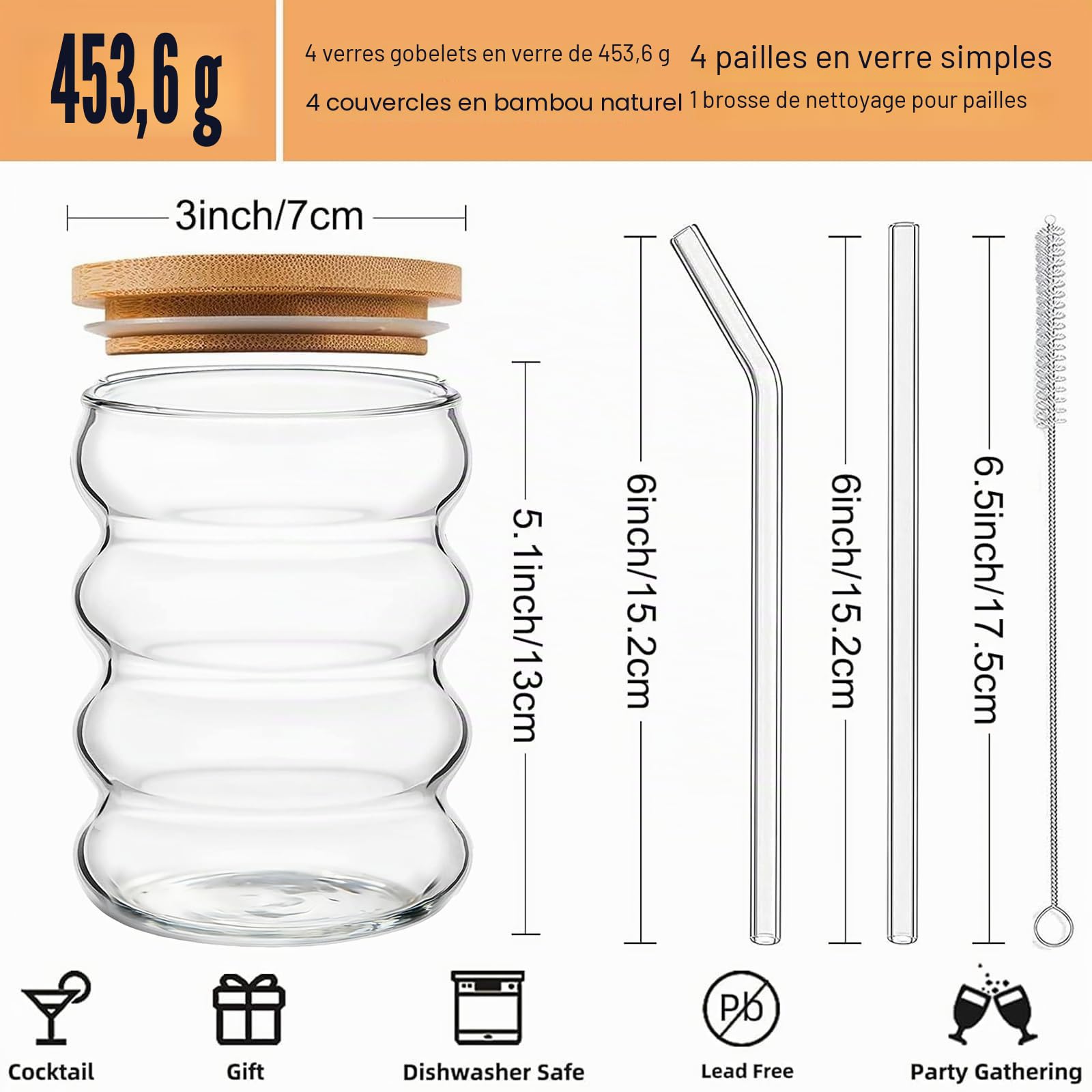 Alink Lot de 4 verres à boire avec couvercles et pailles, en forme de vague, verres à bière, verres à café glacé, verres à cocktail avec brosse, 473 ml
